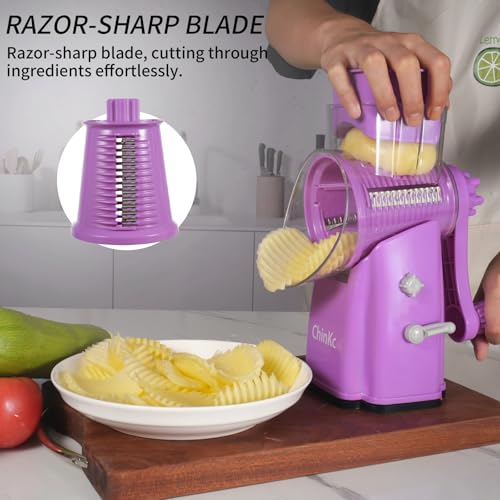 Upgrade Rotary Cheese Grater Shredder with Handle, Strong Suction Base, Multi-purpose Rotary Grater Slicer with 5 Interchangeable Blades for Ice, Vegetables, Fruit, Nuts with Blade Storage Box - color: Purple