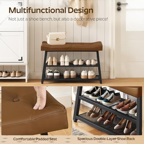 YATINEY Shoe Bench, 3-Tier Shoe Rack, Entryway Bench with Storage and Cushion, for Hallway, Foyer, Bedroom, Brown and Black HX02BV - color: Brown + Black
