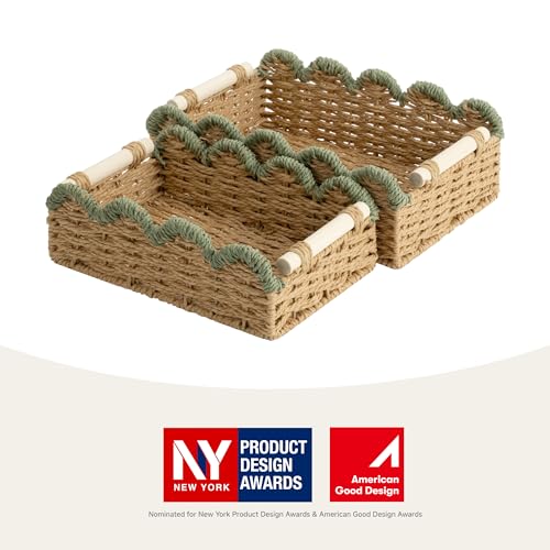 StorageWorks Toilet Paper Basket 2 Pack, Toilet Tank Basket with Wooden Handles, Small Wicker Decorative Scalloped Baskets for Organizing, Bathroom Storage, Green Rope - color: Paper Rope(Green), size: 11¾" L × 7¾" W × 4" H
