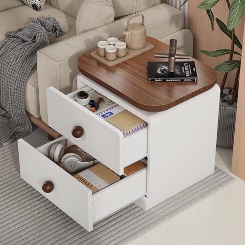IKENO Wooden Nightstand with 2 Drawers, Large End Table with Stroage, Multifunctional Side Table for Bed Room, Living Room, Reception Room, Brown and White