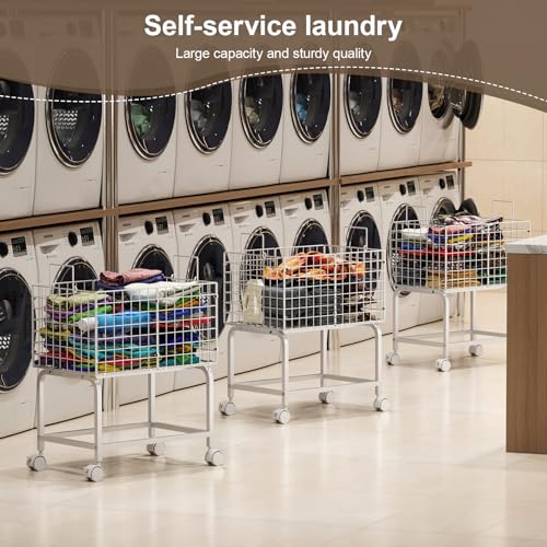 Wire Laundry Hamper Cart,80L Laundry Hamper Trolley with Pull Handle,White High Laundry Basket Cart for Laundry Room,Bathroom,Bedroom-White（23.6 * 15.75 * 28inch） - style: Medium Oblong-White