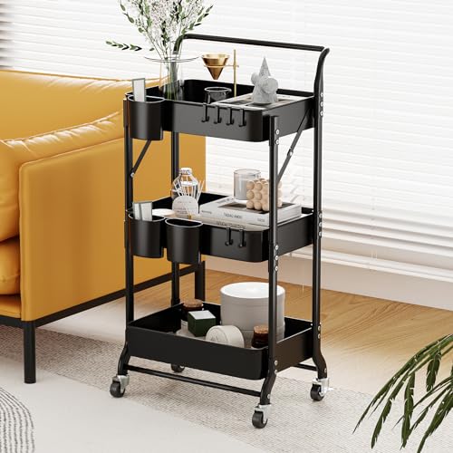 3 Tier Foldable Rolling Cart with Wheels, Folding Utility Cart Organizer, Collapsible Rolling Storage Cart with 3 Hanging Cups & 6 Hooks for Kitchen, Office, Nursery(Black) - color: Black