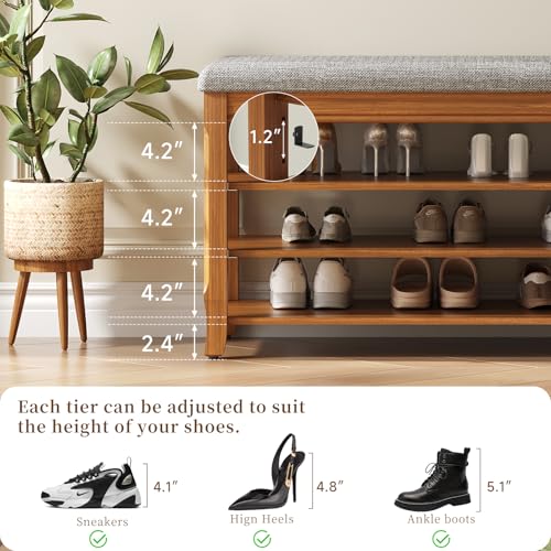 Solid Wood Shoe Bench with Storage, Flip-Top Soft-Close Lid, Adjustable Shelves, Cushioned Entryway Shoe Rack Organizer, 23.6"