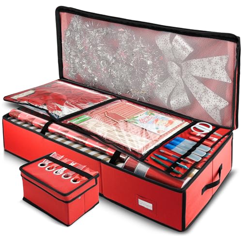 Hearth & Harbor Wrapping Paper Storage Container - Christmas Storage Bag with Ribbon Dispenser and Interior Pockets - Gift Wrap Organizer Fits Up to 26 Rolls of 40" Length, Red - color: Red, size: Large