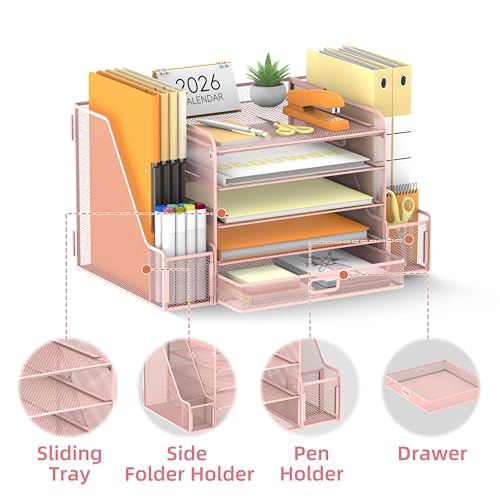SUPEASY Mesh Desk Organizer with File Holder, 5-Tier Paper Letter Tray Organizer with Magazine Holder, Desktop Organizer and Storage with Drawer for Office Supplies Home or School (Pink) - color: Pink