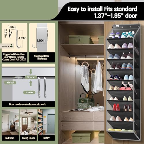 Kotkn 10 Tier Over The Door Organizer - Heavy Duty Hanging Storage Rack with Sturdy Oxford Fabric, Holds 20+ Pairs of Footwear, Boots & Sneakers, Saves 50% Closet Space (Black) - color: 10-cell Black