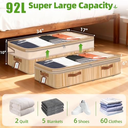 Livole Bamboo Under Bed Storage with Wheels, 6-10 inches Height Adjustable Underbed Storage Containers, 92L XXXL Large Rolling Under Bed Storage Bins for Clothes, Blankets, Sweater, Shoes, 1 Pack - size: Expandable - 10"H - Wheels