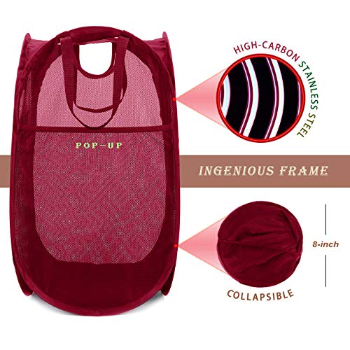 Strong Mesh Pop-up Laundry Hamper, Quality Laundry Basket with Durable Handles Solid Bottom High Carbon Steel Frame, Easy to Open and Fold Flat for Storage (Red) - color: Red, size: 1-Pack