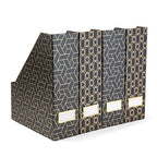 BLU MONACO | Set of 4 Black & Gold Geometric Magazine File Holders with Gold Label Holders | Stylish Vertical File Organizer Boxes for Desk, Bookshelf & Office Storage - color: Dark Grey and Gold