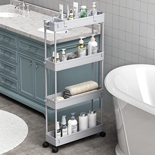 SPACELEAD Slim Storage Cart 4 Tier,Bathroom Organizer Rolling Utility,Mobile Shelving Unit Slide Out for Office, Kitchen, Laundry Room & Narrow Places,Gray - color: Grey