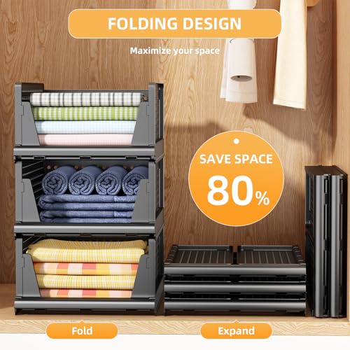 Folding Closet Organizer and Storage for Shelves, 5 Pack Stackable Plastic Storage Basket for Closet, Top Bottom of Closet Organizer, Drawers Organizer for RV, Camper, Pants, Clothes, Office - color: Black