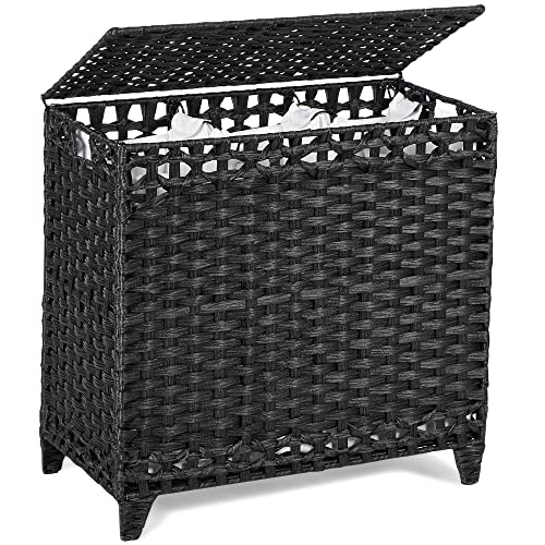 Laundry Hamper with 3 Removable Liner Bags; 132L Handwoven Rattan Laundry Basket with Lid & Heightened Feet; Clothes Hamper with Side Handles; Laundry Sorter with 3 Separate Sections - color: Black, size: 132L-3 Section