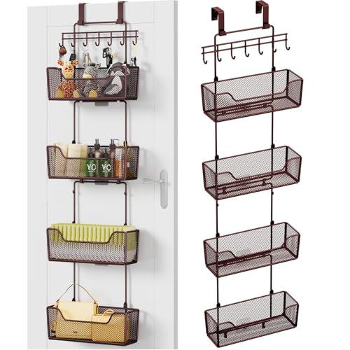 HapiRm Over The Door Organizer - Hanging Door Organizer with 4 Metal Large Capacity Baskets and Adjustable Coat Hook for Bathroom Bedroom Kitchen Pantry Closet Cabinet - color: Brown