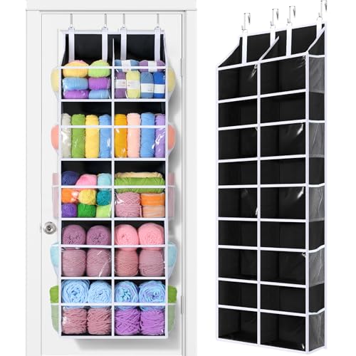 Yecaye 80lb Clear Door Hanging Yarn Storage Organizer, 10 Large Plastic Pockets & 10 Mesh Pockets Over The Door Crochet Organizer, 5 Tier Yarn Ball Storage for Knitting Needles, Black - color: Black