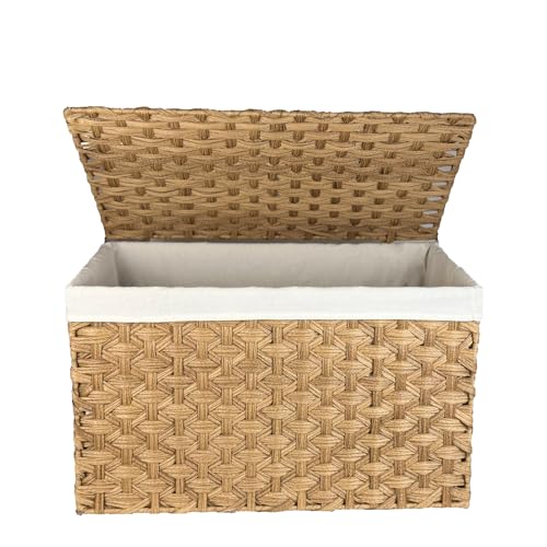 Wicker Storage Basket with Lid, 42.3 Gallon (160L) Large Blanket Basket with Lid, Woven Storage Bin with Handles, Removable Liner, Metal Frame, Foldable, for Bedroom, Laundry Room, Natural - color: Natural, size: 160L:17.7 x 29.9 x 18.1 Inches