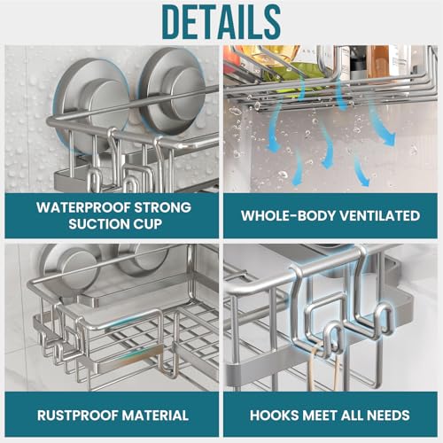 TAILI Corner-adaptive Suction Cup Shower Caddy 2 Pack, Stainless Steel Rustproof Corner Shower Shelves, Drill-Free Wall Mounted Baskets, Large Capacity, Removable Suction Cup Bathroom Organizer, Gray - style: Corner-adaptive, Grey