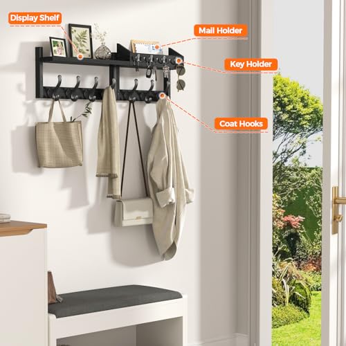 Evermagin 29" Coat Rack Wall Mount with Shelf, 4 in 1 Coat and Key Hanger with 11 Metal Hooks, Entryway Wall Mounted Shelf with Mail Holder for Living Room, Bedroom, Black - color: Black, size: 29 inch
