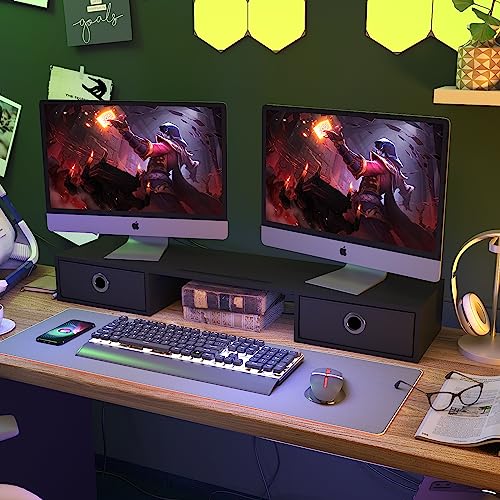 WESTREE Dual Monitor Stand Riser with Two Drawers, Extra Large Storage Monitor Stand for 2 Monitors, Desktop Oraganizer Stand for Computer,Laptop,Screen,Printer,TV - color: Black