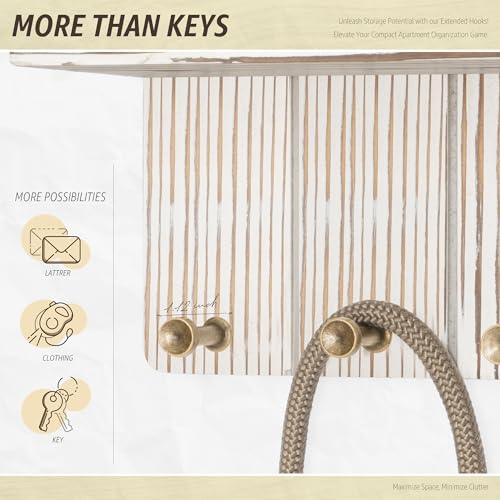 Rebee Vision Farmhouse Key Holder Wall Mount Combo - Small Key Holder for Wall with Floating Shelf & Mail Organizer Wall Mounted with 7 Hooks - Apartment Essentials (Whitewash)
