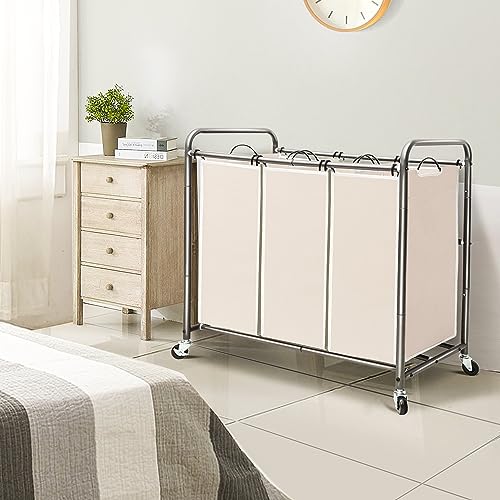STO STO Laundry Sorter 3 Section, 3 Bag Clothes Hamper, Rolling Laundry Cart Basket with Heavy Duty Lockable Wheels and Removable Bag for Laundry Room, Bedroom, Closet, Beige - color: Beige, size: 3-Section