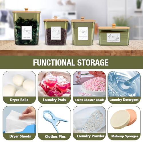 Zingbee 4 Pack Laundry Pods Container & Dryer Sheet Holder, Plastic Pod Holder with Lids & Scoops, Laundry Room Organization and Storage Sets for Powder, Detergent, Scent Booster - color: Clear Green-0