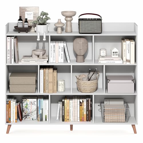 Furinno Claude Book Shelf, 10-Cube Mid Century Style Bookshelf, Bookcase, Storage Organizer with Wood Legs, 9.4" x 55.1" x 45.1", for Living Room, Bedroom, Home Office, White - color: White, size: Mid Century, 10-Cube