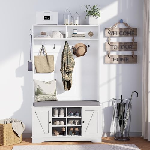 71" Hall Tree with Bench and Shoe Storage, Entryway Hall Tree with 2 Doors and 6 Adjustable Shelves, Cushioned Storage Bench with Coat Rack for Hallway, Living Room, Mudroom - color: White