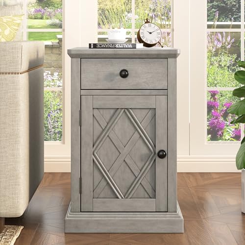 Multifunctional Classic Vintage End Table with USB Ports and 1 Drawer with Cup Holders, Sofa Side Narrow Table with Storage, Bedside Nightstand for Living Room Bedroom (Antique Gray-4.3) - color: Antique Gray-4.3