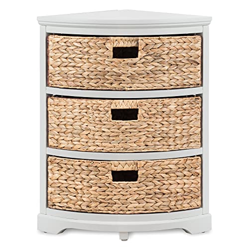 eHemco Hampton Meadows 3 Tier X-Side Corner Table Storage Cabinet with 3 Wicker Baskets, White - color: White, size: 14"D x 14"W x 25.5"H (3 Drawers)