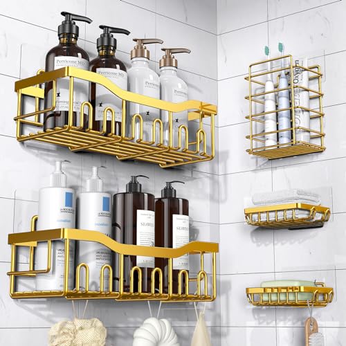 EUDELE 5-Pack Rustproof Stainless Steel Shower Caddy – No Drill Adhesive Bathroom Organizer with Large Capacity, Spacious Shower Shelves for Inside Shower, Kitchen & Home Decor Storage-XL Size - color: Bright Gold