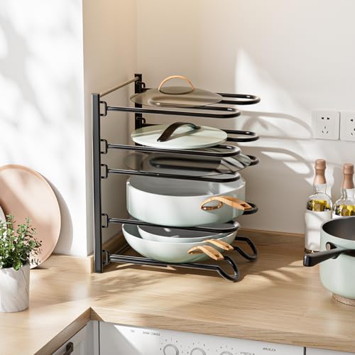 JAQ Pots and Pans Organizer, 13.18 inch Heavy Duty Pot Lids Rack Holder Adjustable Height for Muffin Tins, Baking Sheets, Skillets,Cookware,Bakeware in Cabinets Shelf Countertop Pantry-Black - color: Black