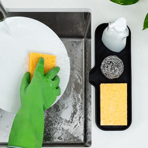 Zulay Kitchen Large Silicone Sponge Holder (12x4) – Flexible Sink Organizer Tray for Kitchen & Bathroom – Multipurpose Soap Dish for Sponges, Makeup, Trinkets & More (Black) - color: Black, size: Large (12x4)