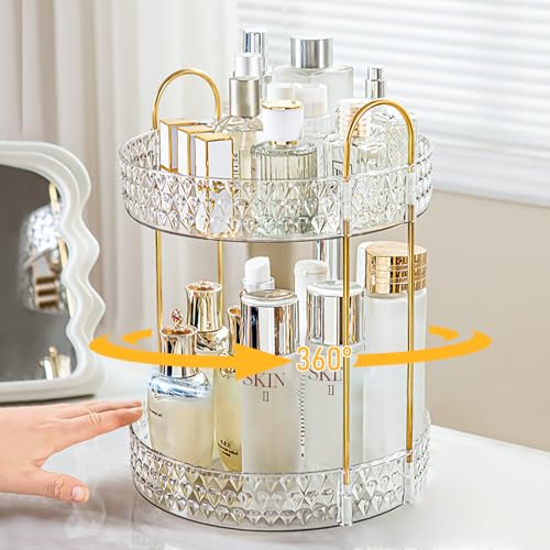 Rotating Makeup Organizer for Vanity, 2 Tier Perfume Skincare Storage for Women, Bathroom Counter Organizer, 360° Spinning Cosmetic Holder for Dresser Countertop, Clear - size: 2 Tier (Standard)