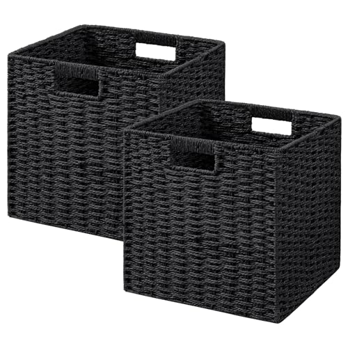 UBBCARE 2 Pack Wicker Basket, 11L×11H×10.5W inch Woven Paper Rope Storage Baskets for shelves, Foldable Cube Storage bin with Handle, Storage Basket for Organizing (Black, Cube-2pack 11") - color: Black, size: Cube-2pack 11"