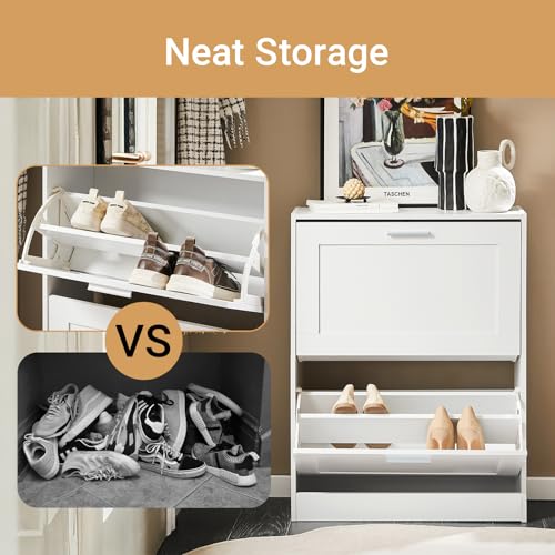 SoBuy Shoe Storage Cabinet Entryway, Slim Shoe Rack Freestanding, Narrow Shoe Organizer 2 Flip-Drawers Shoe Cupboard for Mudroom Front Door Entrance Hallway Bedroom, White, FSR137-W - color: Pure White, size: 2 Drawers