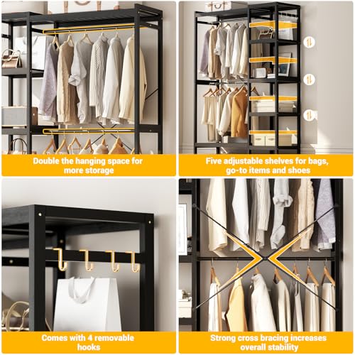 Homykic Bamboo Clothes Rack Garment Rack for Hanging Clothes, Heavy Duty Clothing Rack with 7 Tiers Adjustable Shelves, Double Rods, 4 Hooks, Freestanding Closet System Organizer Wardrobe, Black - color: Black, size: II Medium