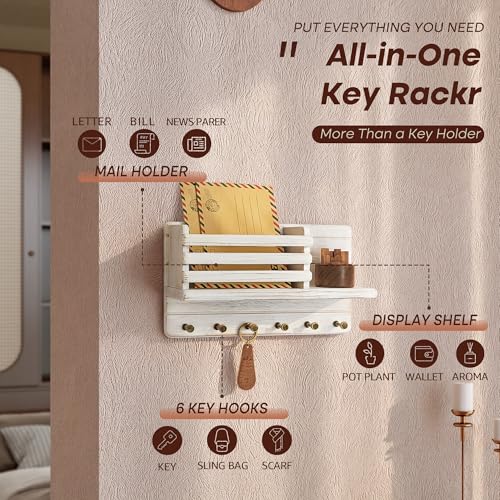 Rebee Vision Farmhouse Pine Wood Key Holder Wall Mount - Key Holder for Wall with Wooden Floating Shelf & 6 Sturdy Hooks - Storage Mail Holder for Home Decor (Whitewash) - color: Distressed White