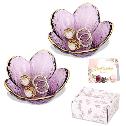 Gifts for Women Purple Flower Jewelry Dish Glass Ring Holder Decorative Jewelry Tray Cute Vanity Room Decor Aesthetic Nightstand Bathroom Decor Trinket Dish Friendship Birthday Christmas Gifts (2pcs) - color: 2 Pcs Purple-9cm