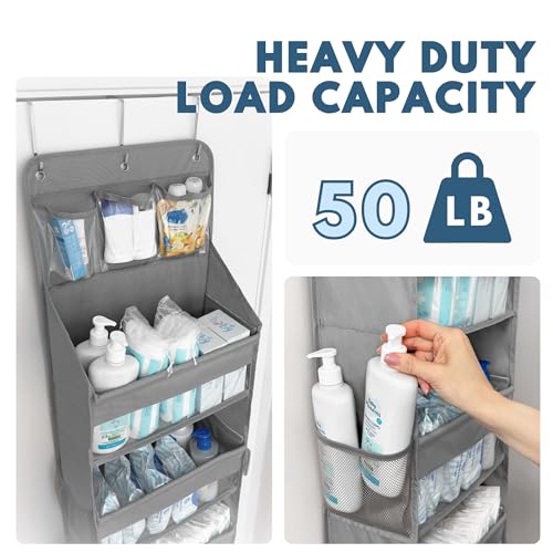 Over The Door Organizer Hanging with 5 Large & 6 Side Pockets 5 Tier Behind Door Storage 50 lbs for Closet, Nursery, Bathroom Door Organizer, 1 Pack, Grey