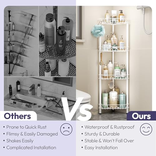 SWTYMIKI Standing Shower Caddy Corner - 4‑Tier Stainless Steel Shower Organizer Shelf with 16 Hooks and Adhesive Pads, Rustproof Corner Shelves Stand Rack for Bathroom Shower Room, white - color: White-4‑Tier