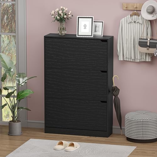 BORNOON Shoe Storage Cabinet with 3 Flip Drawers,Narrow Shoe Rack Cabinet,Freestanding Organizer Storage for Entryway, Hallway, Black - color: Black, size: 3 Drawers
