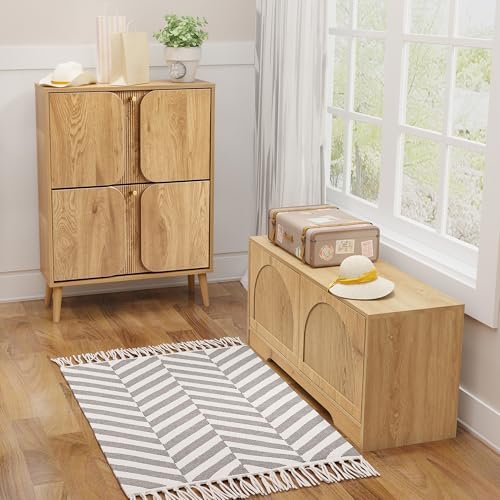 BERRYMERRY 39.4" Fluted Shoe Storage Bench for Entryway,2 Tier Shoe Cabinet Bench with Adjustable Shelf,Bench for Bedroom End of Bed (Natural, 13.8”D x 39.4”W x 18.5”H) - color: Natural