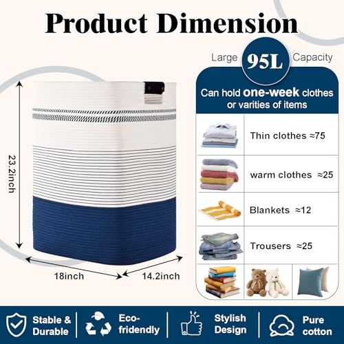 Laundry Hamper, 95L Tall Laundry Basket with Leather Handles, Rectangle Large Clothes Hamper for Organizing, Cotton Woven Laundry Baskets Storage Hampers for Bedroom, Nursery, Living Room - color: Dark Blue & White, size: 95L