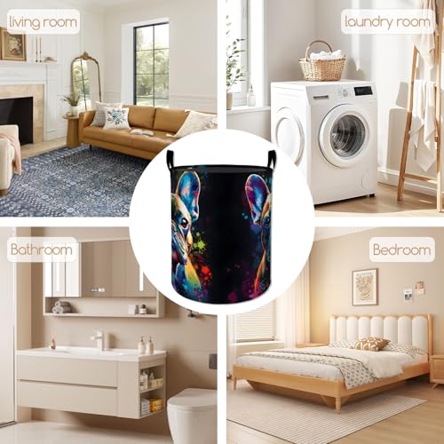 Colorful Neon Bulldog Laundry Basket, Foldable Oxford Cloth, Waterproof Dirty Clothes Hamper with Handles, Clothing Storage Bucket Toy Organizer for Bathroom Bedroom Dorm, 19.7"x15.7" - style: Bulldog 03