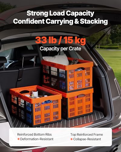 VEVOR Plastic Collapsible Storage Bins, 45L 6 Packs, Stackable Folding Storage Crates with Handles, Holds 33 lbs Per Bin, Foldable Heavy Duty Containers, Space-Saving Baskets, for Home Organizing - size: 45L-Orange-6PC