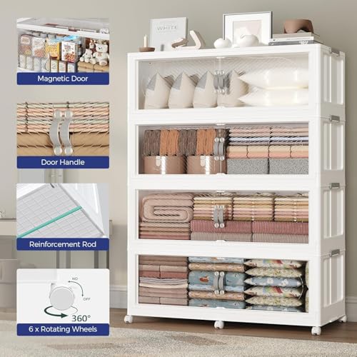 1200QT Extra Large Stackable Storage Bins with Lid, 300Gal Plastic Closet Organizers and Storage Drawer, Collapsible Cabinet Box with Wheels Clear Doors for Home Kitchen Office, 5Pack White - size: 240QT, style: 5Pack