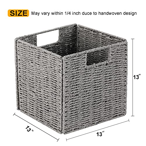 Vagusicc Wicker Storage Basket, Set of 2 Hand-Woven Storage Baskets for Shelves with Handles, Foldable Cube Storage Baskets Bins Organizer 13 inch Large Wicker Baskets for Pantry Bedroom Decor, Grey - color: Grey, size: 13'' x 13'' x 13''