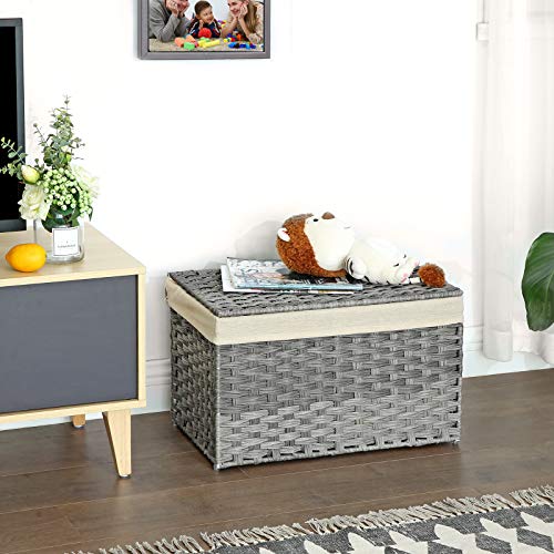 SONGMICS Storage Basket with Lid, Woven Blanket Storage Bin with Handles, Foldable, Removable Liner, Metal Frame, for Bedroom, Laundry Room, 17.2 Gallons (65 L), Gray URST56WG - color: Gray, size: 65 L
