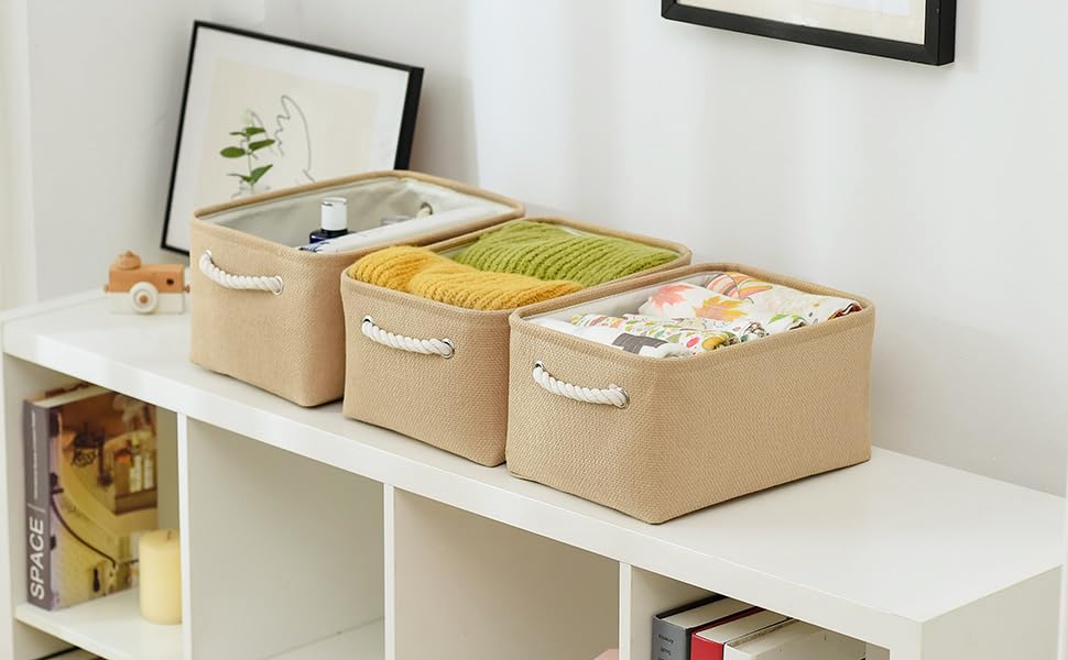 TheWarmHome Storage Bins for Shelves - Medium 3Pack 13.8L*9.8W*6.7H inch Canves Storage Basket for Organizing, Fabric Storage with Handles for Clothes Baby Dog Toys(Beige) - color: Beige, size: 3PCS/Medium -13.8Lx9.8Wx6.7H