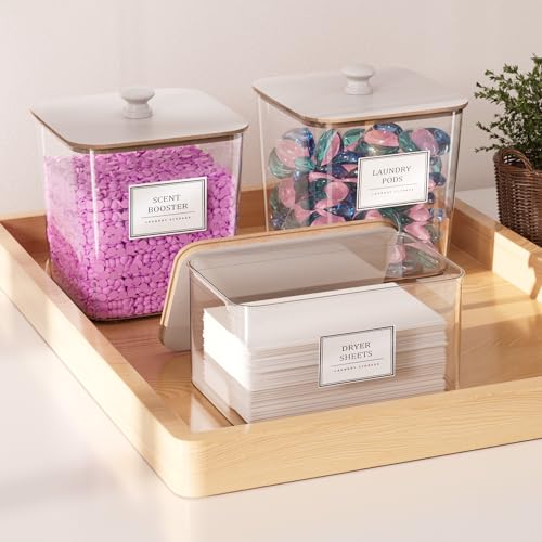 Laundry Pods Storage Container, Clear Laundry Room Organization and Storage,Detergent Powder Container,with Wooden Lids & Labels, 3+1 Pack（White） - style: 3+1-White